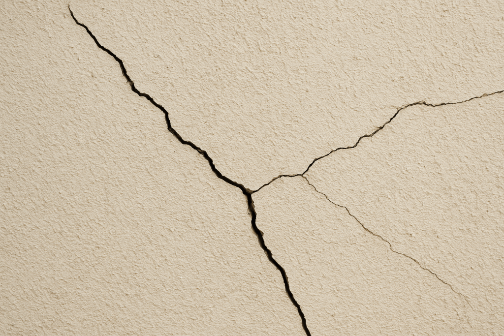 Zbliżenie na beżową ścianę z tynku z wyraźnym, nieregularnym pęknięciem biegnącym ukośnie przez całą powierzchnię.